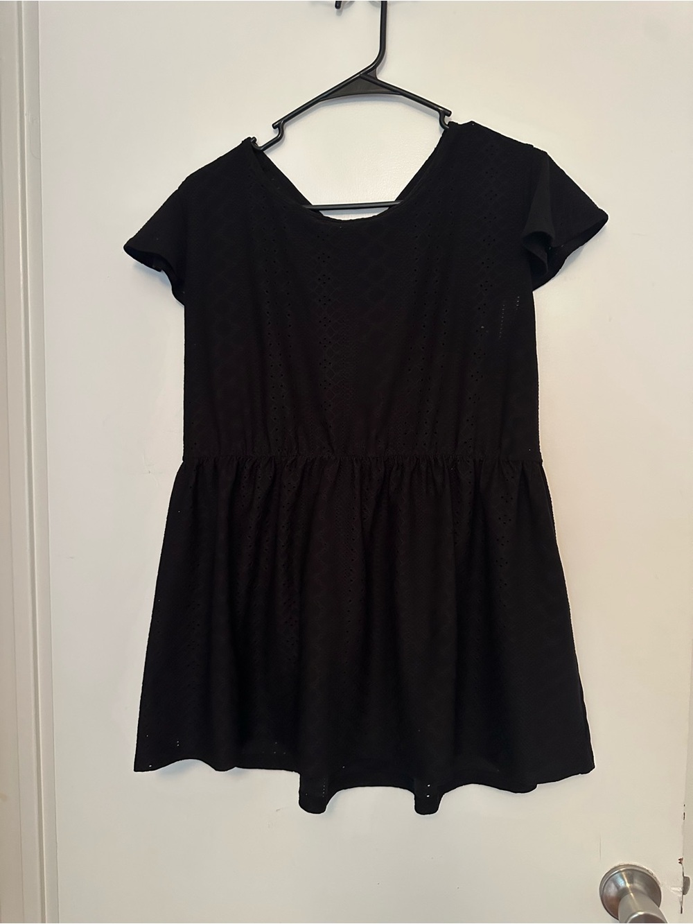 Black Eyelet Short Sleeve Peplum Top